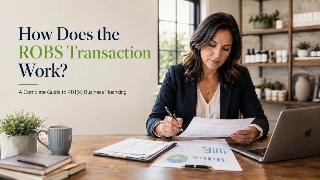 Business owner reviewing ROBS 401(k) rollover paperwork for C corporation business financing, startup funding, and qualified employer securities | Leading Retirement Solutions