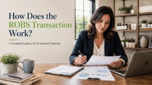 Business owner reviewing ROBS 401(k) rollover paperwork for C corporation business financing, startup funding, and qualified employer securities | Leading Retirement Solutions