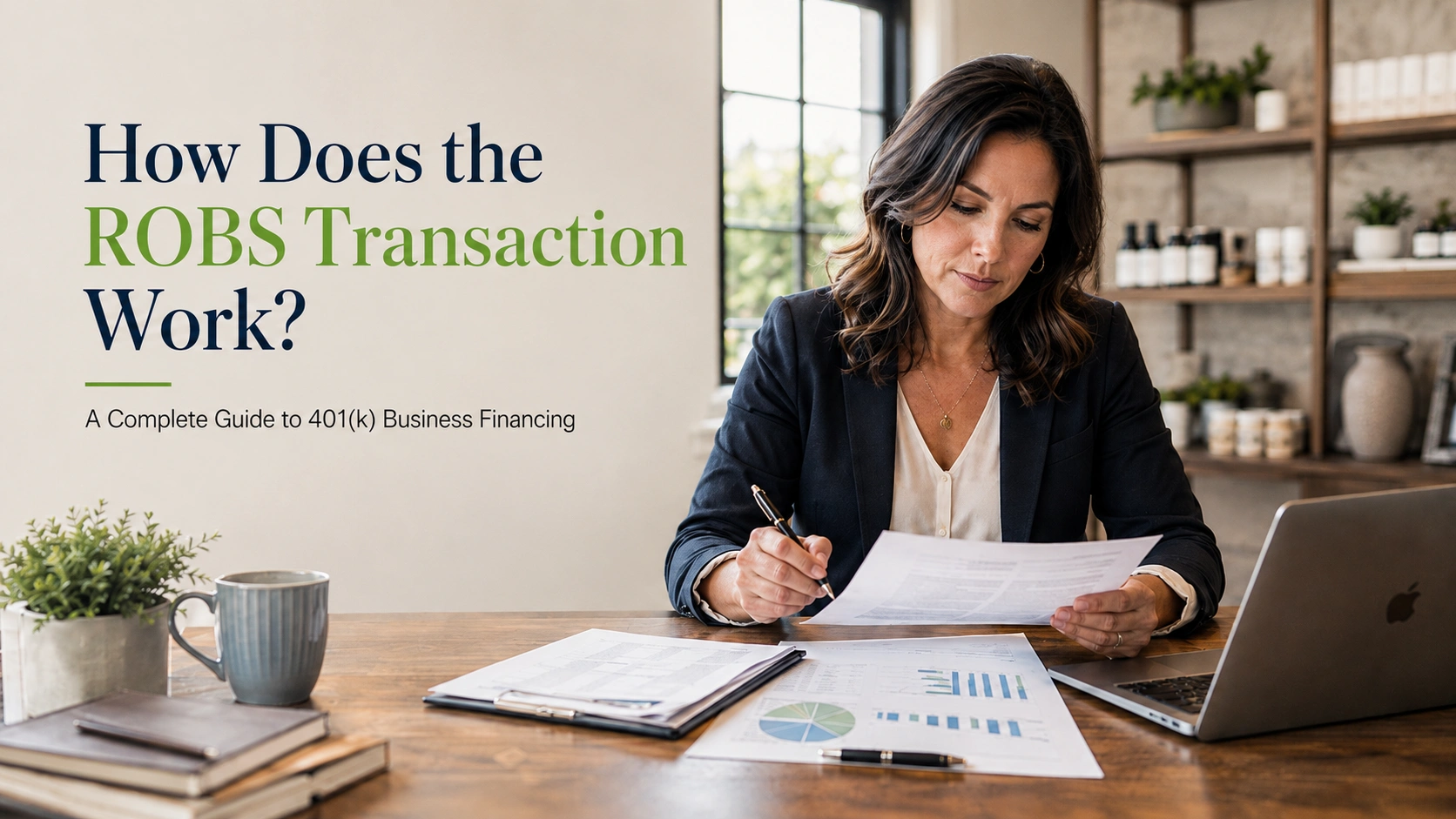 Business owner reviewing ROBS 401(k) rollover paperwork for C corporation business financing, startup funding, and qualified employer securities | Leading Retirement Solutions