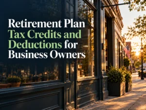 Small business owner reviewing retirement plan tax credits and deductions for offering a 401(k) to employees (108)