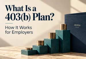 Infographic on how a 403(b) plan works for employers: contributions, IRS limits, withdrawal rules, and plan requirements