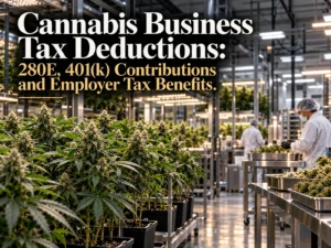 Cannabis business owner reviewing Section 280E tax deductions and 401(k) plan records.
