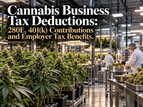 Cannabis business owner reviewing Section 280E tax deductions and 401(k) plan records.