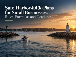 Safe harbor 401(k) plans for small businesses: rules, formulas and deadlines, over a harbor at sunset with a lighthouse