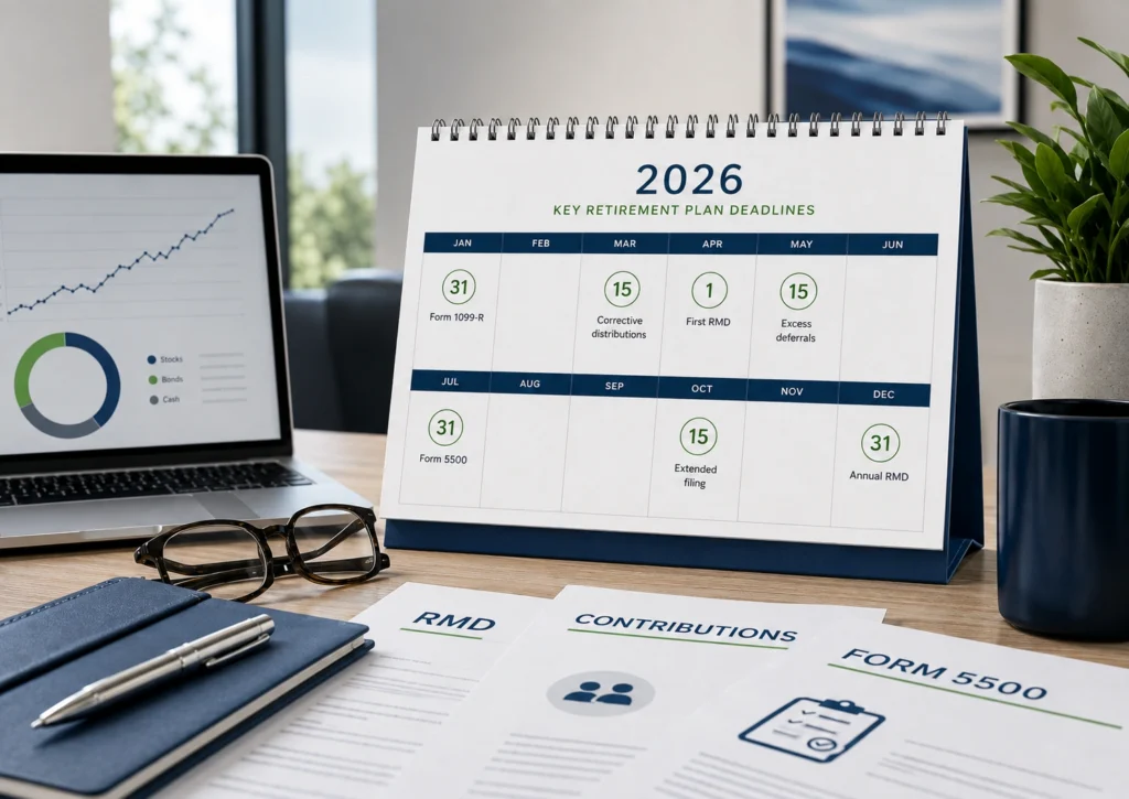 Calendar showing retirement plan deadlines: December 31 for RMDs, April 1, and July 31 for Form 5500