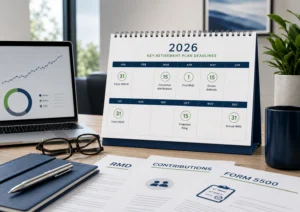 Calendar showing retirement plan deadlines: December 31 for RMDs, April 1, and July 31 for Form 5500