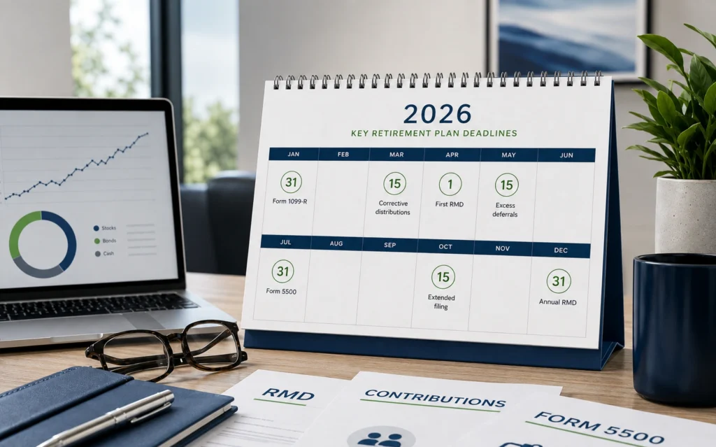 Calendar showing retirement plan deadlines: December 31 for RMDs, April 1, and July 31 for Form 5500