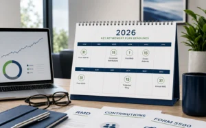 Calendar showing retirement plan deadlines: December 31 for RMDs, April 1, and July 31 for Form 5500