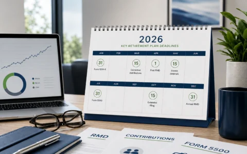 Calendar showing retirement plan deadlines: December 31 for RMDs, April 1, and July 31 for Form 5500