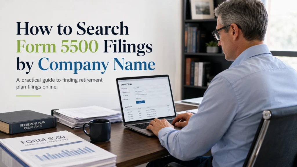 Man searching Form 5500 filings by company name in the EFAST2 database on a laptop