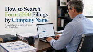 Man searching Form 5500 filings by company name in the EFAST2 database on a laptop