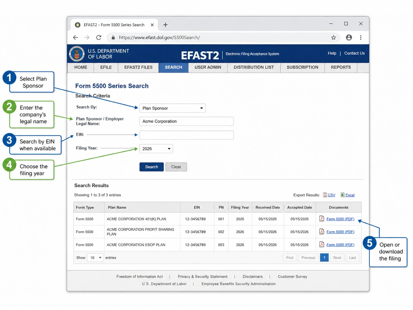 Step-by-step guide to searching Form 5500 filings by company name on the EFAST2 database