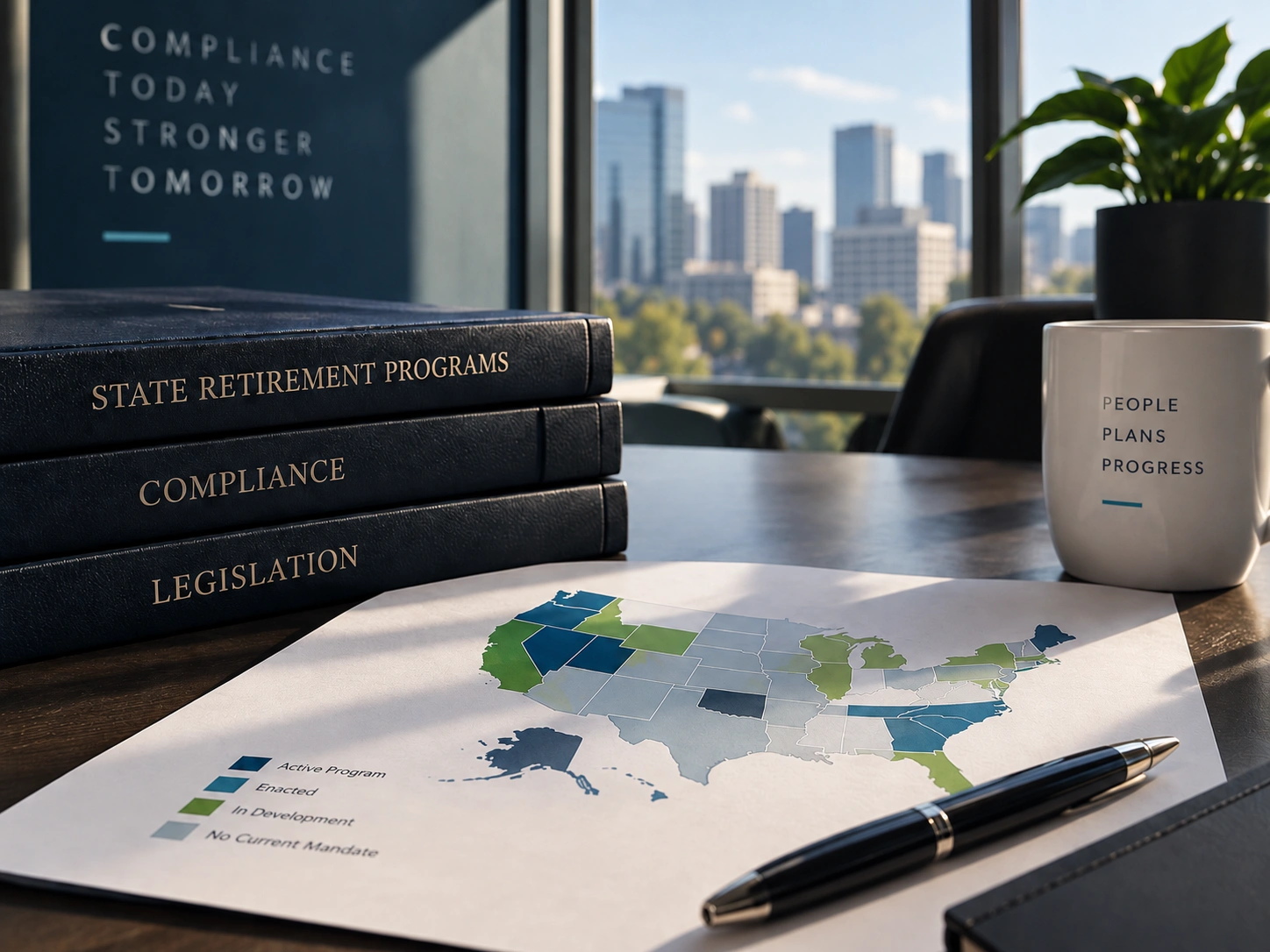 Printed map of state mandated retirement plans on an employer's desk, color coded for active, enacted, in development, and no current mandate, beside bound volumes on state retirement programs, compliance, and legislation.