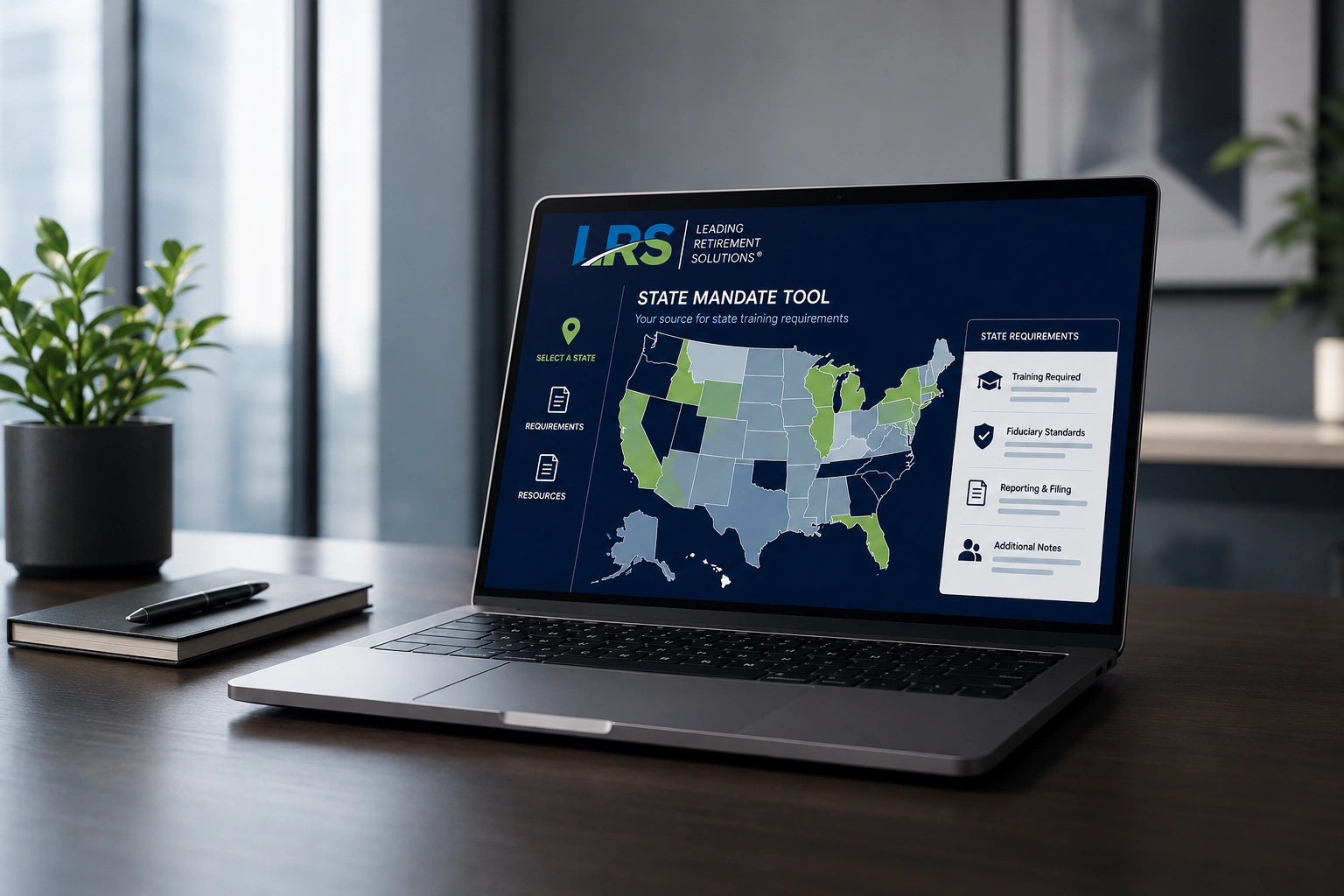 Map of state mandated retirement plans in the Leading Retirement Solutions State Mandate Tool, shown on a laptop with a state requirements panel.