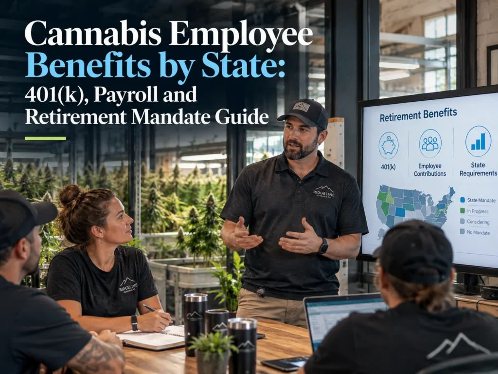 Dispensary employer reviewing cannabis 401(k) and state retirement mandate options for employees