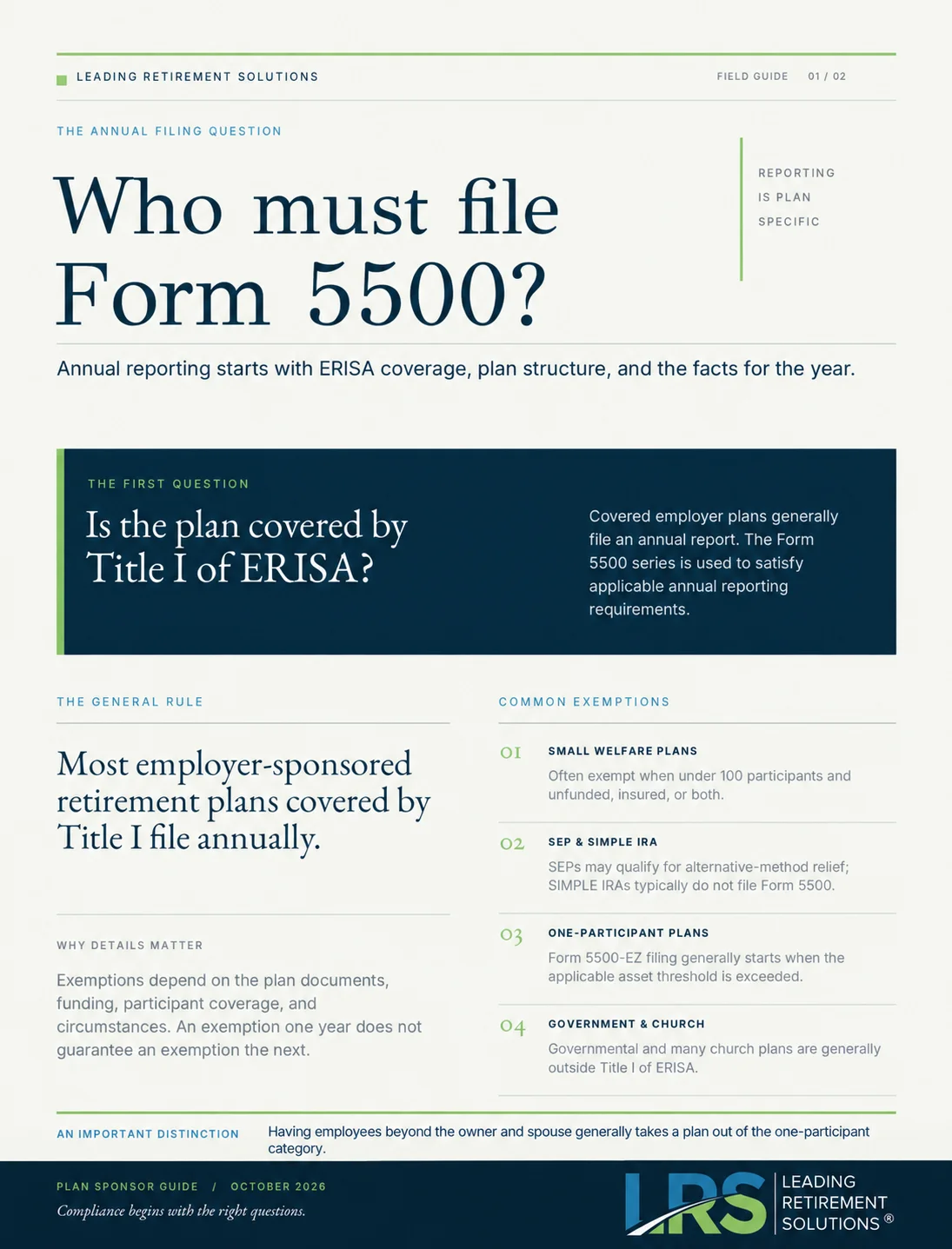 Who Must File Form 5500 and Common Exemptions Infographic on who must file Form 5500 and common exemptions, including small welfare, SEP, SIMPLE IRA, and church plans