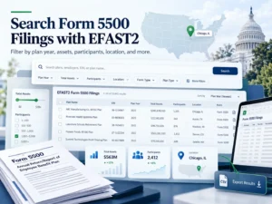 Form 5500 search on EFAST2 with filters for plan year, assets, participants, and location, and a CSV export of results