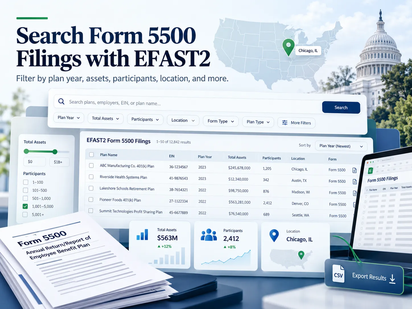 Form 5500 search on EFAST2 with filters for plan year, assets, participants, and location, and a CSV export of results