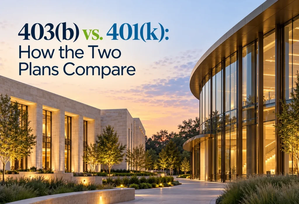 Comparison table of 403(b) vs. 401(k) plans: who can sponsor, where the money is held, deferral testing, and catch-ups